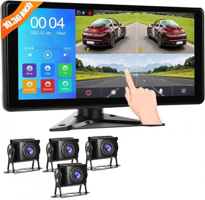 Kit sistem securitate auto cu 4 camere HD si display touch de 10.36", IR, 178°, IP67, camera marsarier, camioane, autocare, RV(rulote) [1]