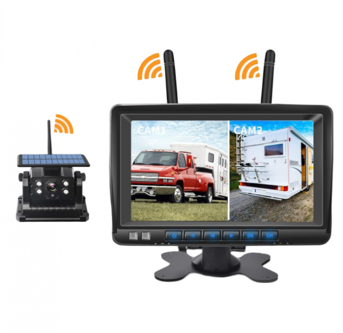 Kit DVR auto cu 1 camera WiFi cu acumulator, incarcare solara si monitor 7 inch, 12V-24V DC pentru camioane, rulote [1]