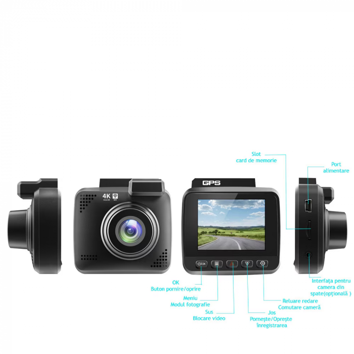 Camera auto de bord 4K, Inregistrare Ultra HD, Rezolutie 3840x2160p 30 FPS, Filmare night vision, WiFi, GPS incorporat, Unghi de filmare Ultra larg De 170˚, G-Sensor, Type-C, Negru [2]