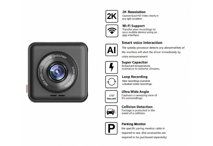 Camera auto de bord 2K, Rezolutie 2304x1296p 30 FPS, WiFi, G-Sensor, Mini USB, Negru [3]