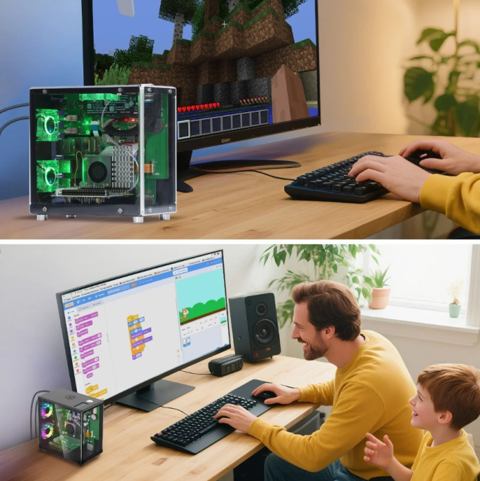 Carcasa mini PC pentru Raspberry Pi 5, ecran OLED 1.3 inch, 3 ventilatoare RGB, slot PCIe M.2 pentru SSD 2230/2242/2260/2280, functie RTC, conectivitate USB HDMI Ethernet [8]