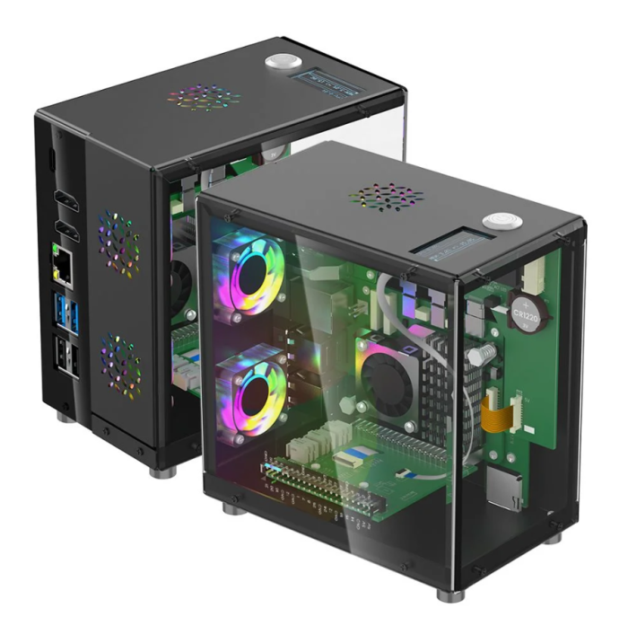 Carcasa mini PC pentru Raspberry Pi 5, ecran OLED 1.3 inch, 3 ventilatoare RGB, slot PCIe M.2 pentru SSD 2230/2242/2260/2280, functie RTC, conectivitate USB HDMI Ethernet [2]