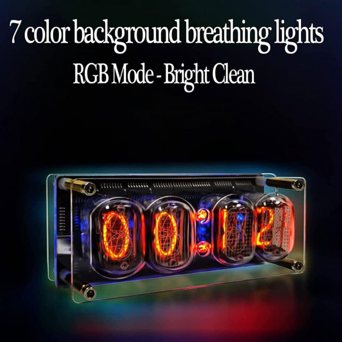 Ceas Nixie cu tuburi IN-12, iluminare RGB in 7 culori, modul DS3231, data, ora, carcasa acril transparent, Micro USB [6]