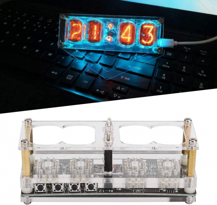 Ceas Nixie cu tuburi IN-12, iluminare RGB in 7 culori, modul DS3231, data, ora, carcasa acril transparent, Micro USB [5]