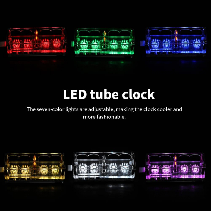 Ceas Nixie cu tuburi IN-12, iluminare RGB in 7 culori, modul DS3231, data, ora, carcasa acril transparent, Micro USB [8]