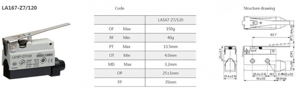 Comutator limitator de cursa cu lamela lunga 80mm lungime Kenaida LA167-Z7/120 [2]