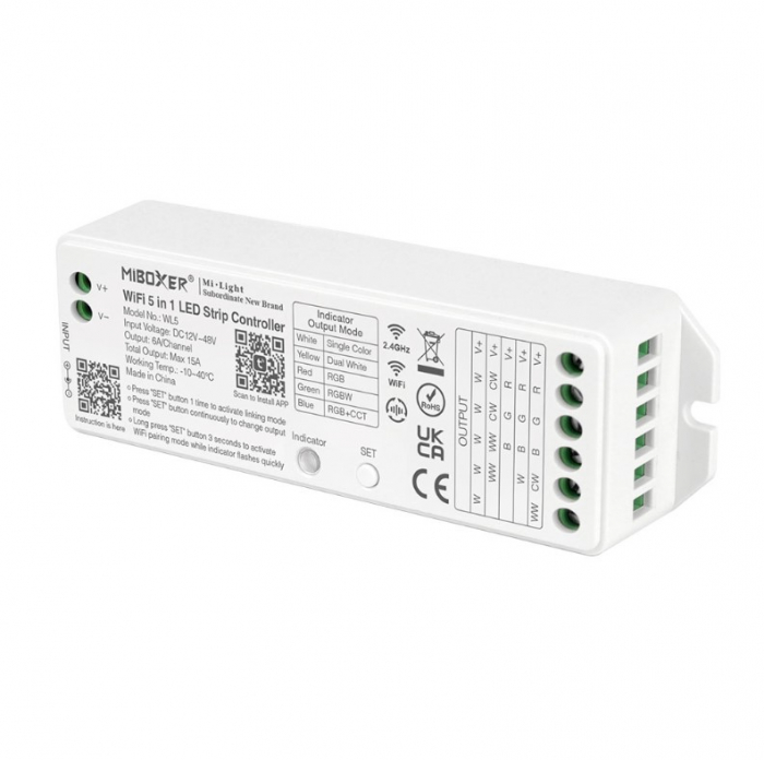 Controller LED MiBoxer WL5, 5-in-1 (monocolor, dual-white, RGB, RGBW, RGB+CCT), 12-24V, 6A/canal (max 15A), WiFi+2.4GHz, Tuya, alb [2]