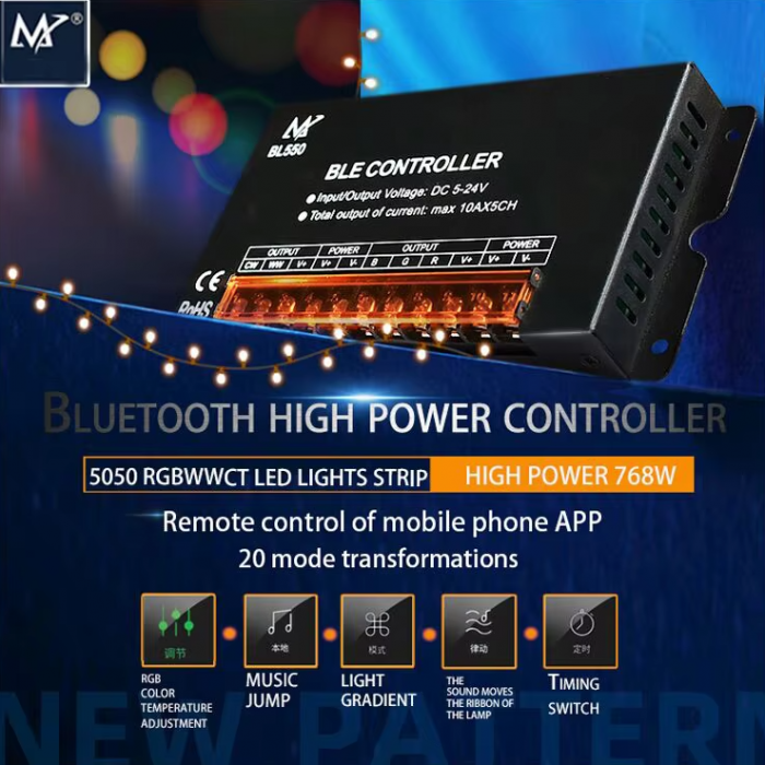 Controller Bluetooth pentru benzi LED RGB, RGBCW, RGBWW, DC 5V-24V, 50A, BL550-50A [2]