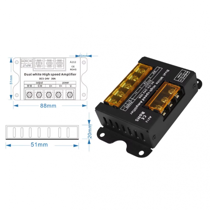 Amplificator pentru banda LED Dual White( WW, CW ), A212, 5-24V , 30 A , negru [2]