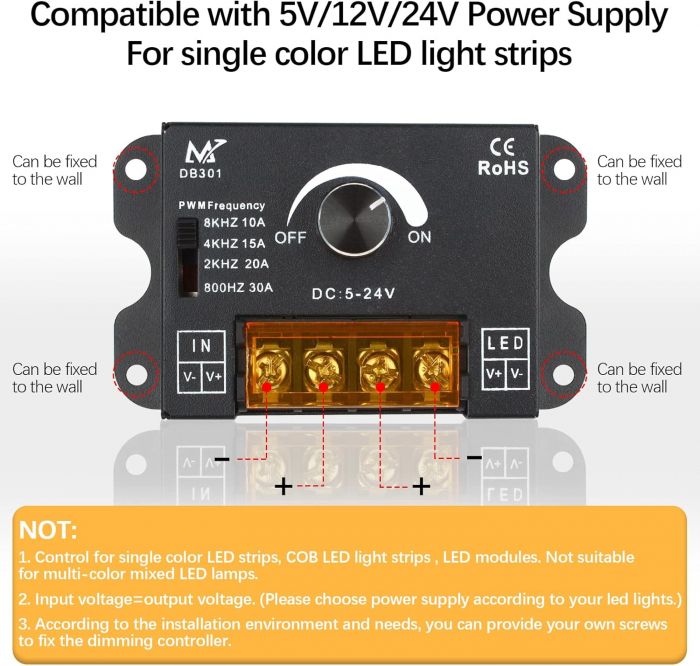 Controller dimmer pentru benzi LED monocrom, PWM, DC 5V-24V, 30A, DB301 [2]