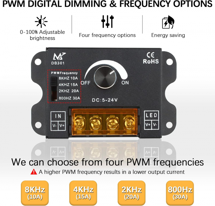 Controller dimmer pentru benzi LED monocrom, PWM, DC 5V-24V, 30A, DB301 [5]