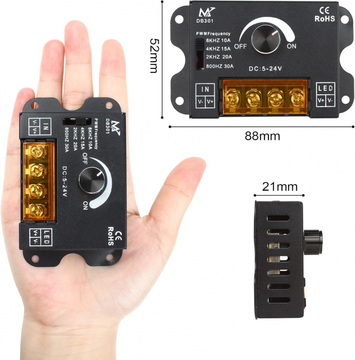 Controller dimmer pentru benzi LED monocrom, PWM, DC 5V-24V, 30A, DB301 [6]