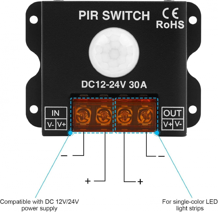 Senzor de miscare PIR pentru banda LED, DC 12V-24V, 30A, P130 [5]