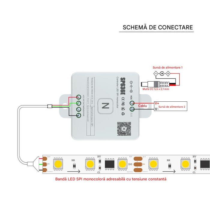 Controler LED SPI SP636E monocolor, 5-24V DC, semnal SPI, pana la 600 IC-uri [3]