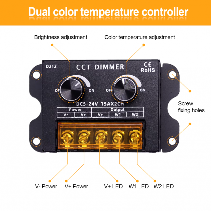 Controller banda LED, dimmer bicolor, 5V-24V DC, 2x15A, Dimmer-D212 [3]