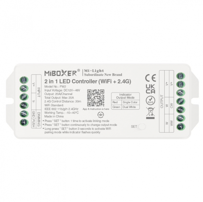 Controller LED MiBoxer PW2, 2-in-1 monocolor/dual-white, 20A, 12-48V, WiFi + 2.4GHz, Tuya, alb [1]