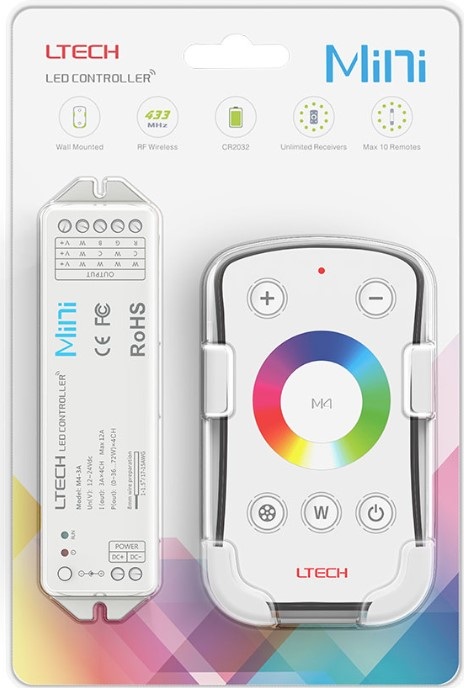 Controller LED wireless M4+M4-3A, 4x3A, 12-24V, RF 433.92MHz, telecomanda inclusa, pentru benzi LED dimabile RGBW/CCT [2]