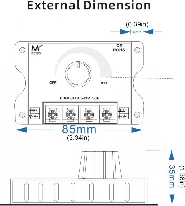 Dimmer LED 30A, 5V-24V DC, reglaj manual pornit/oprit, D130S-30A [3]