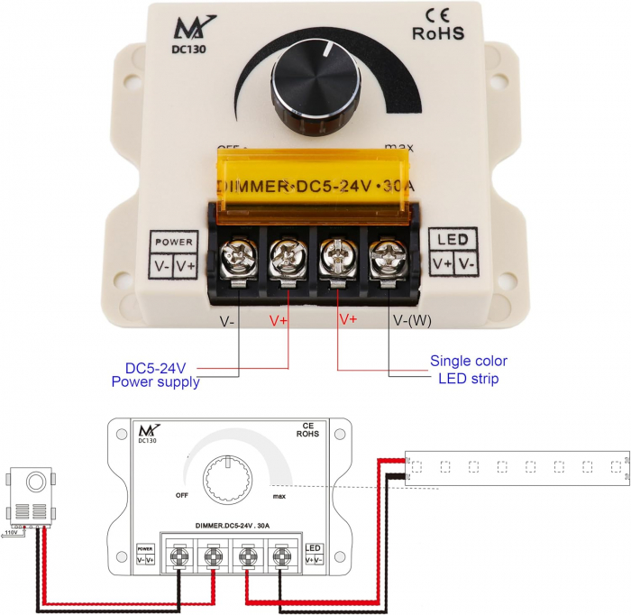 Dimmer LED 30A, 5V-24V DC, reglaj manual pornit/oprit, D130S-30A [2]