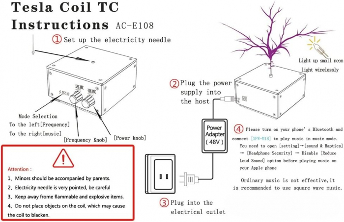 Generator Tesla Coil Bluetooth 48V, arcuri electrice vizibile, mod muzical si long arc, control reglabil, compact, pentru experimente si decor [10]