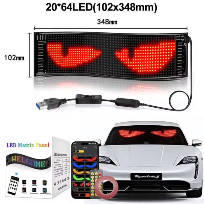 Ecran/sticker LED RGB flexibil 20 × 64 pixeli, 34.8 × 10.2 cm, Bluetooth, USB 5V, IP65 [10]
