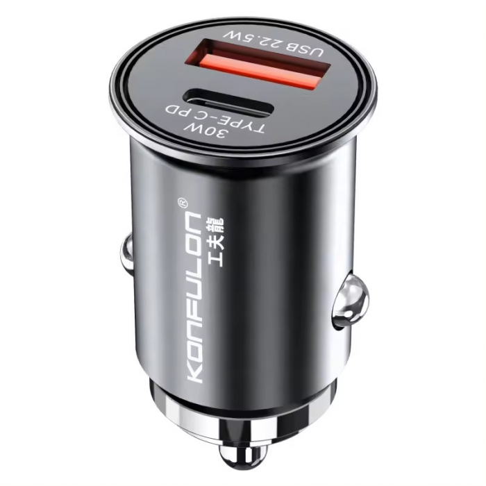 Mini incarcator auto metalic, 2 iesiri 1xUSB-A 22.5W + 1xType-C PD30W Konfulon C80Q [1]