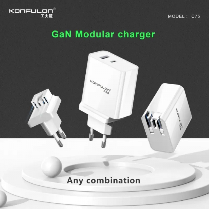 Incarcator telefon pliabil EU/US Konfulon C75, alb, GaN PD 65W Fast Charge [3]