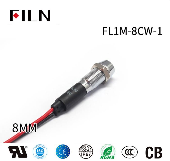 Indicator LED incastrat de panou din alama, 8mm, 2 fire 20cm, rosu, 12-24V DC, IP65 FL1M-08CW-1- RED [3]