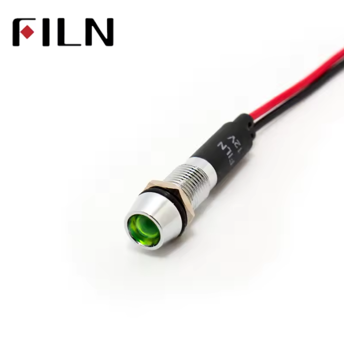 Indicator LED incastrat de panou din alama, 8mm, 2 fire 20cm, verde, 12-24V DC, IP65, FL1M-08CW-1-GREEN [2]