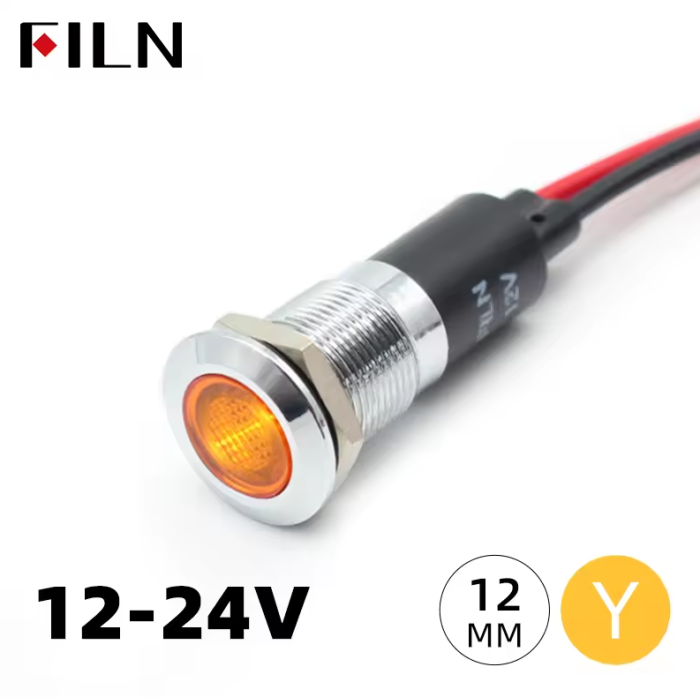 Indicator LED plat de panou alama 12mm, 2 fire 20cm, galben, 12-24V DC, IP67, FL1M-12FW-1-YELLOW [2]