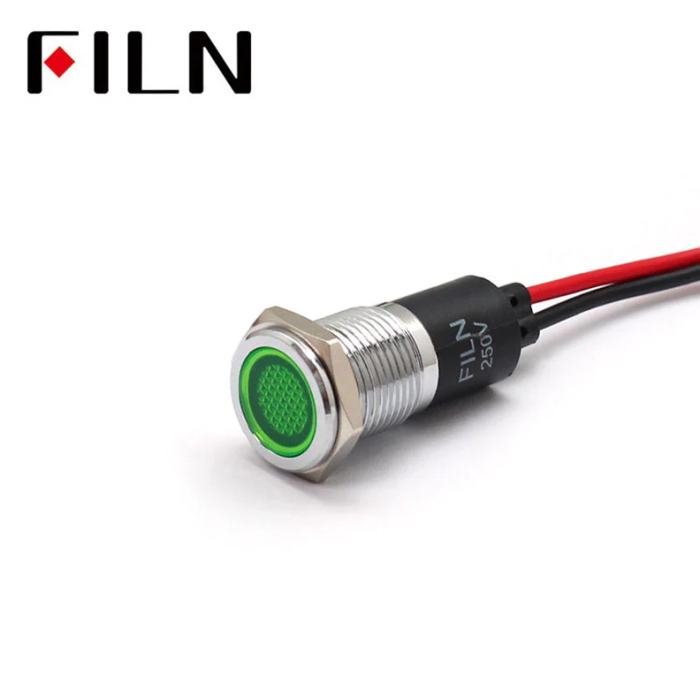Indicator LED incastrat de panou din alama, 14mm, 2 fire 20cm, verde, 12-24V DC, IP67, FL1M-14FW-1-GREEN [2]