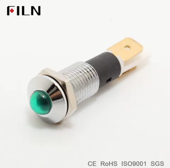 Indicator LED plat de panou din alama, 14mm, pini 6.3mm, verde, 12-24V DC, IP67, FL1M-14SJ-1-GREEN [2]