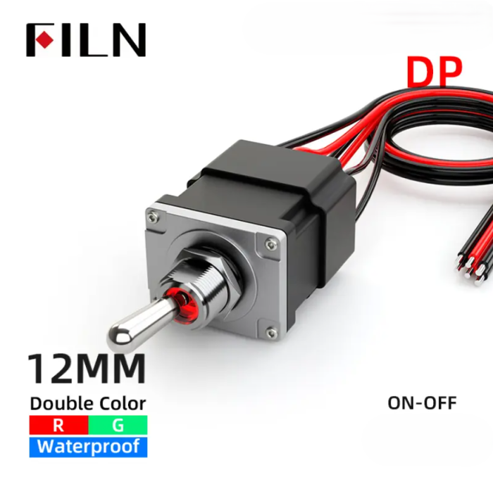 Intrerupator basculant cu mentinere, 2 pozitii, 4 fire, ON-OFF, 20A/12-24VDC, iluminare rosu-verde, DPST, FLKN2-21N-W [4]