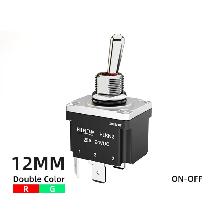 Intrerupator basculant cu mentinere, 2 pozitii, 4 pini, ON-OFF, 12-24V, 20A/24VDC, iluminare rosu-verde, DPST, FLKN2-21N-P-RG [2]