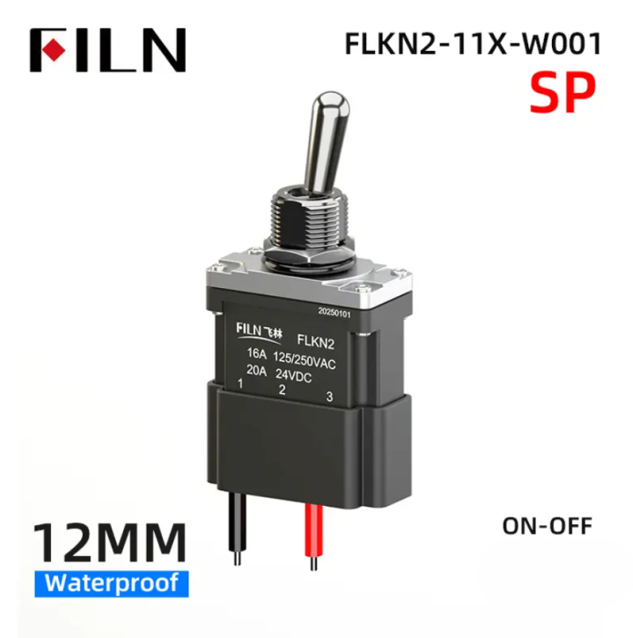 Intrerupator basculant cu mentinere, 12mm, 2 pozitii, 2 fire, ON-OFF, 16A 125/250VAC, 20A 24VDC, SPST, IP67, FLKN2-11X-W [2]