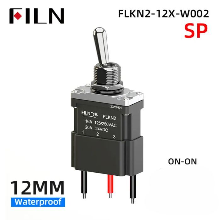 Intrerupator basculant cu mentinere, 12mm, 2 pozitii, 3 fire, ON-ON, 16A 125/250VAC, 20A 24VDC, SPDT, IP67, FLKN2-12X-W [2]