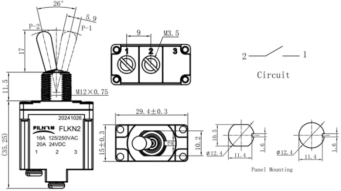 Intrerupator basculant cu mentinere, 3 pozitii, 3 pini, ON-OFF-ON, 16A/250VAC, 20A/24VDC, fara iluminare, SPDT, FLKN2-13X-L [4]
