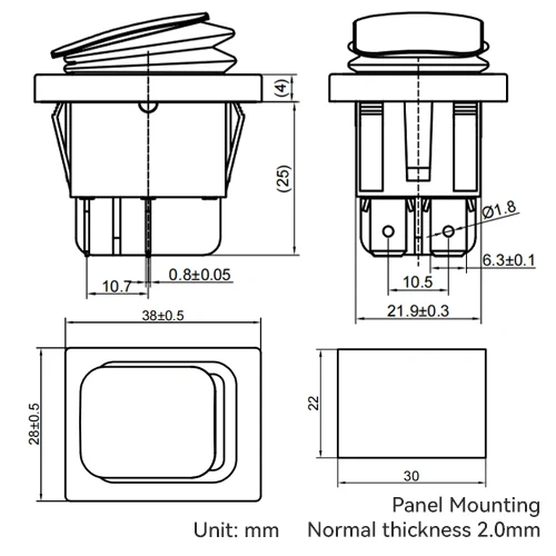 Intrerupator/rocker basculant ON-OFF, KCD4-0111-21, 4pini, 250VAC, 16A, 30x22mm, LED rosu, cu retinere, IP65 [3]