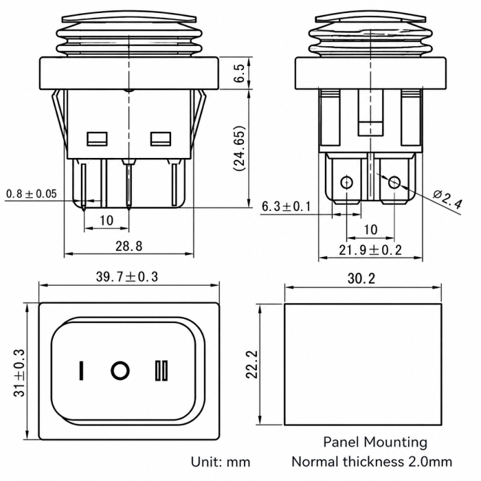Intrerupator/rocker basculant ON-OFF-ON KCD4-0211-23, 6pini, 250VAC, 16A, 30x22mm, LED albastru, cu retinere, IP65 [4]