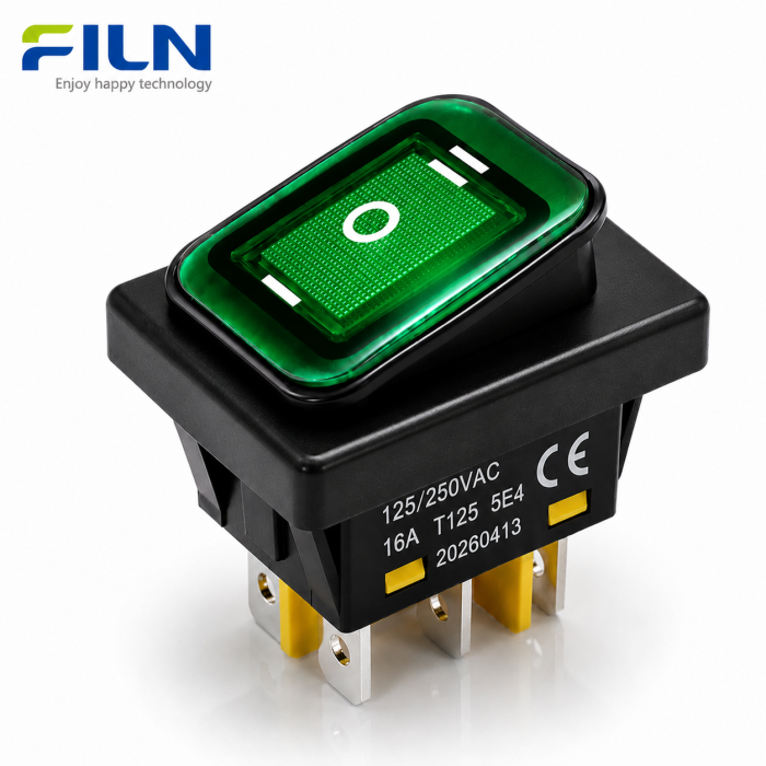 Intrerupator/rocker basculant ON-OFF-ON KCD4-0211-23, 6pini, 250VAC, 16A, 30x22mm, LED verde, cu retinere, IP65 [2]