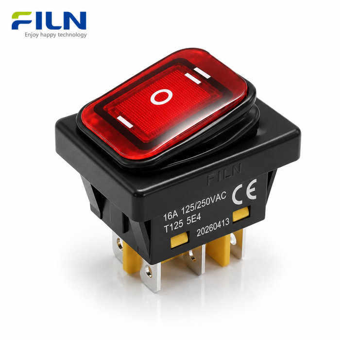 Intrerupator/rocker basculant ON-OFF-ON, KCD4-0111-23, 6pini, 250VAC, 16A, 30x22mm, LED rosu, cu retinere, IP65 [3]