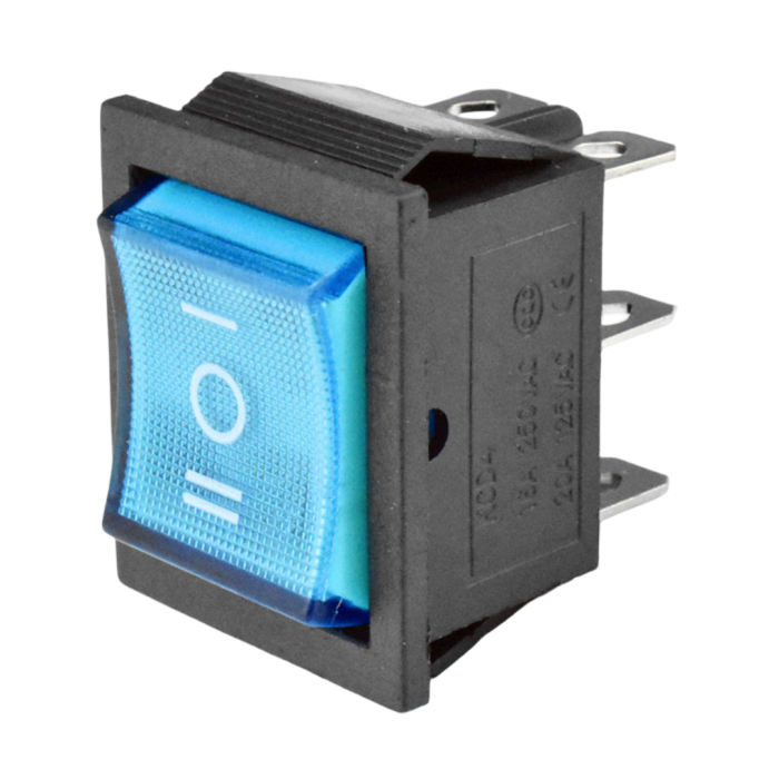 Intrerupator basculant/rocker iluminat albastru ON–OFF–ON, 30A 250V AC, 22x30 mm, montaj panou, KCD4-0301-23-30A-BLUE [2]