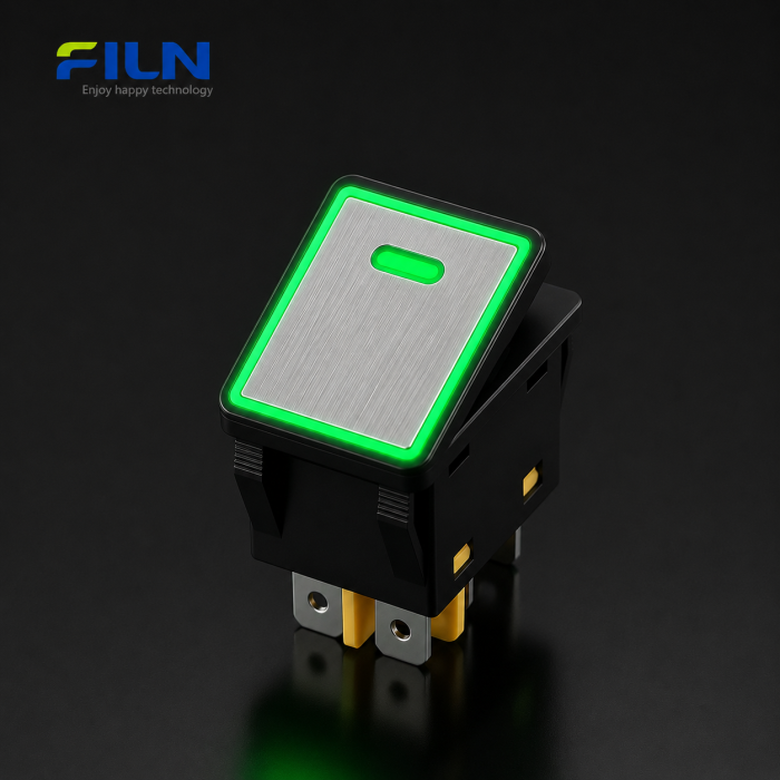 Intrerupator/rocker basculant metalic ON-ON KCD4-082, 6 pini, LED verde, 30A, 250VAC, IP67 [2]