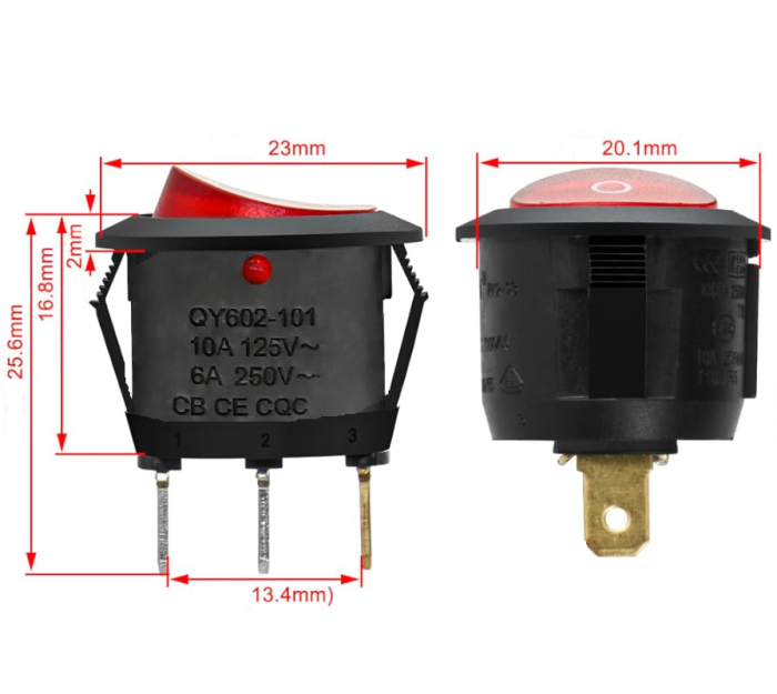 Intrerupator rocker rotund iluminat albastru ON–OFF cu mentinere, 6A 250V AC, Ø20x23 mm, montaj panou, QY602-101N-B [2]