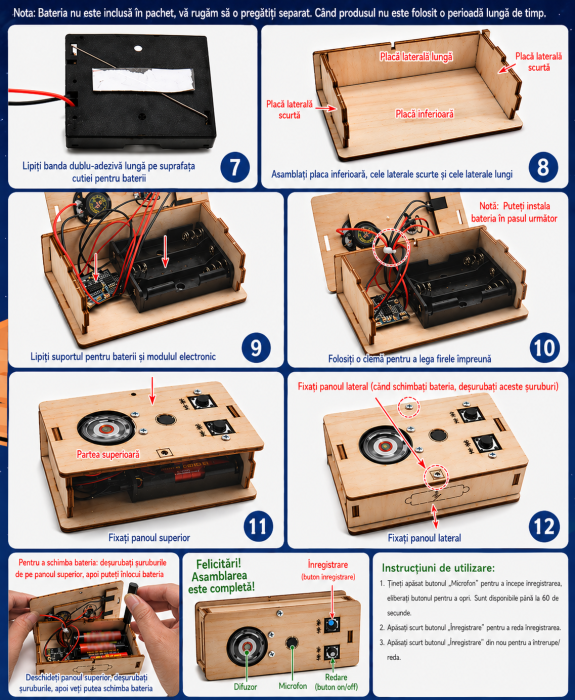 Kit DIY reportofon din lemn, inregistrare si redare sunet, alimentare 3x AA, model educativ [6]