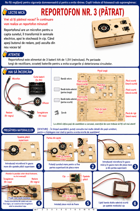 Kit DIY reportofon din lemn, inregistrare si redare sunet, alimentare 3x AA, model educativ [5]
