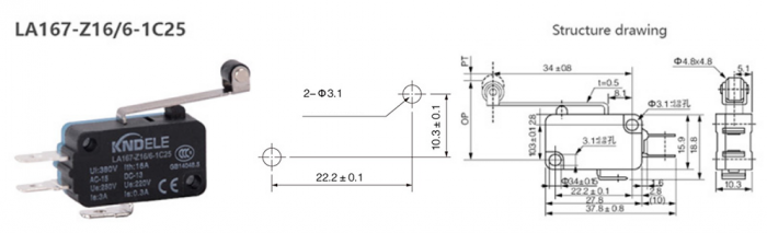 Limitator de cursa cu rola pe lamela 25mm NO/NC/COM 250V/3A [5]