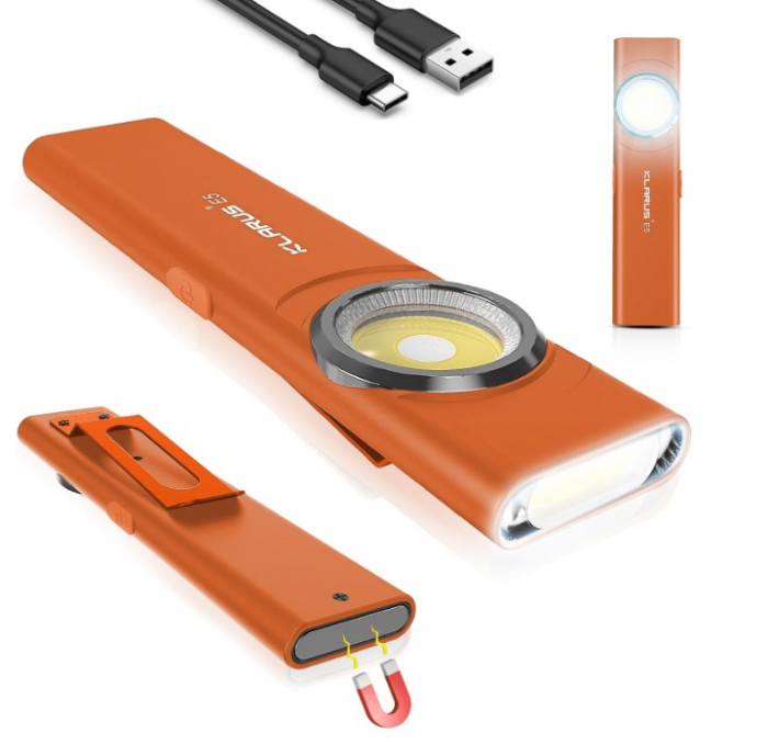 Lanterna EDC Klarus E5, 600 lm, baza magnetica, clips, incarcare USB-C, EDC, dublu LED pentru apropiere si distanta, portocaliu [5]