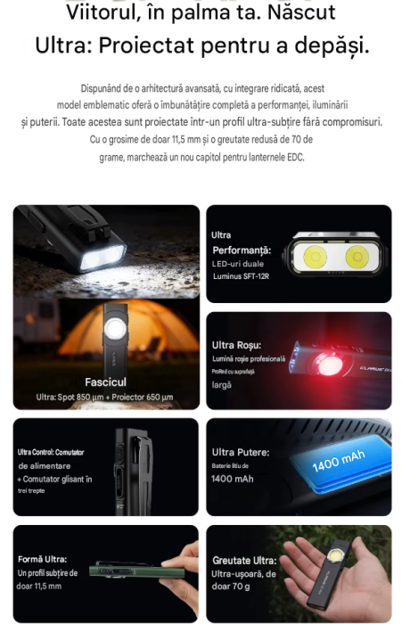 Lanterna EDC Klarus E5 Ultra, 800 lumeni, 3 surse de lumina, acumulator 1400mAh, USB-C, magnet, clema, negru, IPX4 [6]