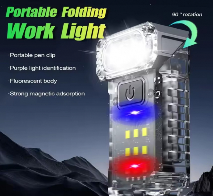 Lanterna LED multifunctionala EDC KXK-1086, 400 lm, cap rotativ 90°, UV, lumini rosu/albastru/alb, 1200mAh, magnet,  suport cap, USB-C, IP44, fluorescent [4]